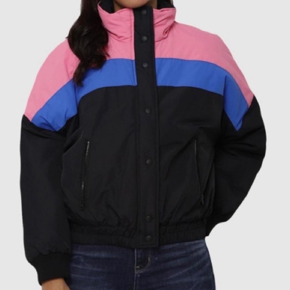 American Eagle Retro Color Block Puffer Jacket In Pink/Blue/Black Size Small - Picture 1 of 9